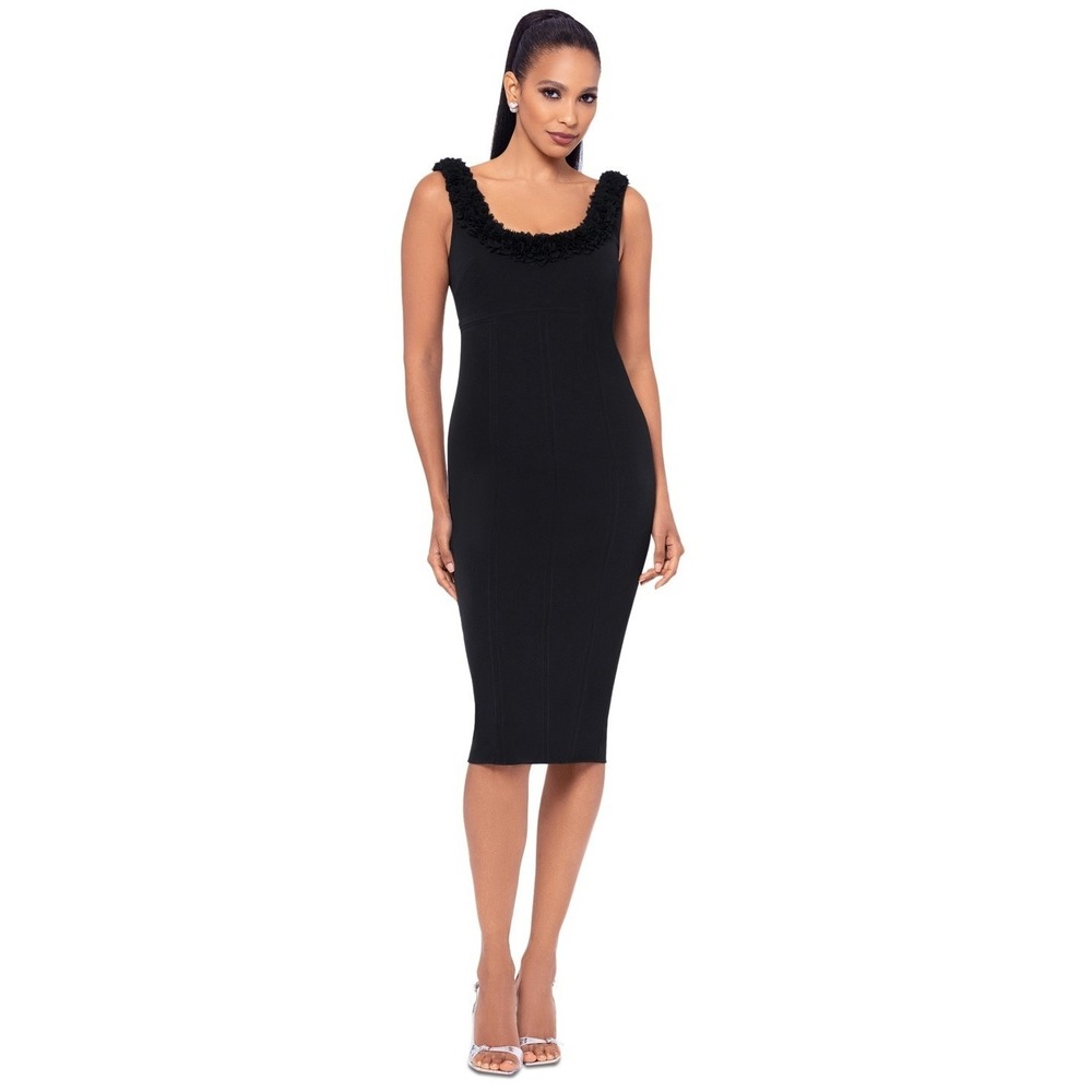 $239 Betsy & Adam Ruffle Neck Knee Length Sheath Dress Black‎ Women's Size 12